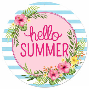 12" Round Metal Hello Summer Floral Wreath Sign, White/Pink/Light Blue/Yellow/Green  WS5