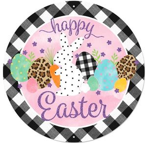 12" Round Metal Glitter And Check Happy Easter Sign, Pink/Black/White/Lavender/Brown/Orange  WS5