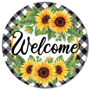 12" Round Metal Welcome w/Sunflowers And Gingham Sign, Yellow/Moss/White/Black/Brown  WS5