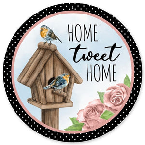 12" Round Metal Home Tweet Home Wreath Sign, White/Black/Dusty Rose/Brown   WS5