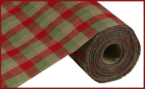 9.5"x10yd Multi Check Fabric Faux Burlap, Red/Moss/Natural