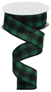 1.5"x10yd Fuzzy Flannel Check On Royal Burlap, Emerald Green/Black  BT10