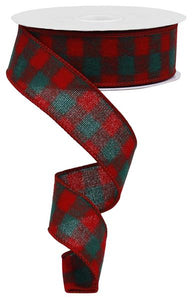 1.5"X10yd Fuzzy Flannel Check On Royal, Red/Green - KRINGLE DESIGNS