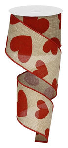 2.5"X10yd Large Hearts On Royal, Beige/Red - KRINGLE DESIGNS