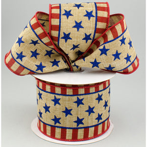 2.5"x10yd Stars And Stripes On Royal Burlap, Light Beige/Red/Royal  MY40 - KRINGLE DESIGNS