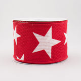 2.5"x10yd Large Stars On Cross Royal Burlap, White/Red  MA14