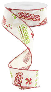 1.5"X10YD Ribbon Candy On Royal, Cream/Red/White/Lime - KRINGLE DESIGNS