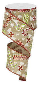 2.5"X10yd Ribbon Candy On Royal, Light Beige/Red/White/Lime - KRINGLE DESIGNS