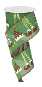 2.5"x10yd Elf Hats And Legs On Royal Burlap, Emerald Green/White/Red/Lime  G65