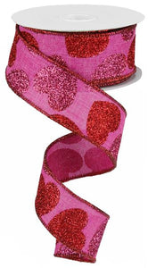 1.5"X10yd Bold Hearts On Royal, Fuchsia/Red/Hot Pink - KRINGLE DESIGNS