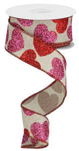 1.5"x10yd Bold Hearts On Royal, Natural/Red/Pink - KRINGLE DESIGNS