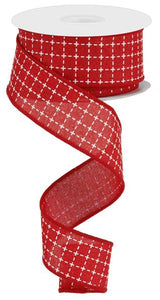 1.5"X10yd Raised Stitched Squares On Royal, Red/White - KRINGLE DESIGNS