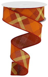 1.5"x10yd Printed Plaid On Royal, Rust/Orange/Mustard  B55