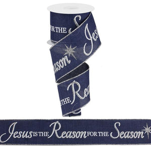 2.5"x10yd Jesus Is The Reason On Royal, Navy Blue/Silver/White - KRINGLE DESIGNS