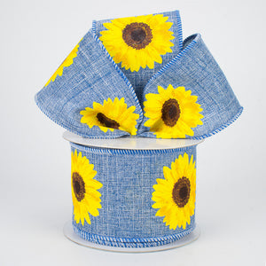 2.5"x10yd Bold Sunflower On Royal Burlap, Denim/Yellow/Orange/Brown  M38 - KRINGLE DESIGNS