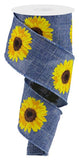 2.5"X10YD Bold Sunflower On Royal, Denim/Yellow/Orange/Brown - KRINGLE DESIGNS