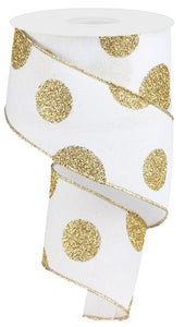 2.5"x10YD Glittered Multi Dots On Royal, White/Gold