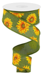 1.5"X10yd Multi Sunflowers On Royal Burlap, Green/Yellow/Orange/Rust/Brown - KRINGLE DESIGNS
