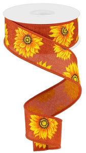 1.5"X10yd Multi Sunflowers On Royal Burlap, Rust/Yellow/Orange/Brown - KRINGLE DESIGNS