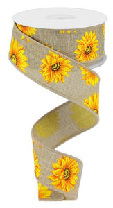 1.5"X10yd Multi Sunflowers On Royal Burlap, Beige/Yellow/Orange/Rust/Brown - KRINGLE DESIGNS