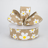 1.5"x10yd Flower Daisy Bold Print On Royal Burlap, Light Beige/White/Yellow MA4