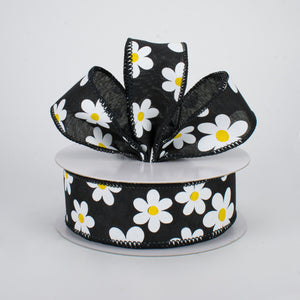 1.5"x10yd Flower Daisy Bold Print On Royal Burlap, Black/White/Yellow MA1