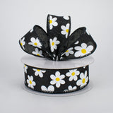 1.5"x10yd Flower Daisy Bold Print On Royal Burlap, Black/White/Yellow MA1