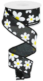 1.5"X10yd Flower Daisy Bold Print On Royal, Black/White/Yellow - KRINGLE DESIGNS
