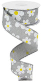 1.5"X10yd Flower Daisy Bold Print On Royal, Light Grey/White/Yellow - KRINGLE DESIGNS