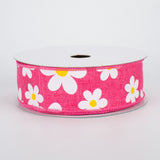 1.5"x10yd Flower Daisy Bold Print On Royal Burlap, Hot Pink/White/Yellow ***ARRIVING SPRING 2024***