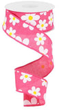 1.5"X10yd Flower Daisy Bold Print On Royal, Hot Pink/White/Yellow - KRINGLE DESIGNS