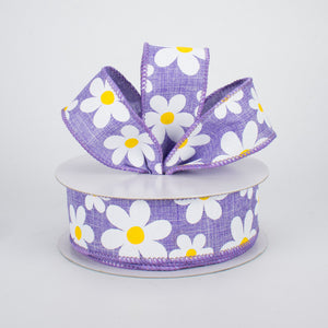 1.5"x10yd Flower Daisy Bold Print On Royal Burlap, Lavender/White/Yellow MA1