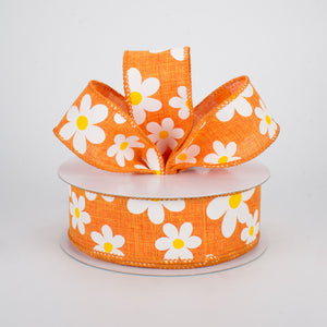 1.5"x10yd Flower Daisy Bold Print On Royal Burlap, Orange/White/Yellow MA1