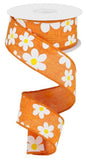 1.5"X10yd Flower Daisy Bold Print On Royal, Orange/White/Yellow - KRINGLE DESIGNS