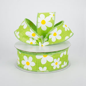 1.5"x10yd Flower Daisy Bold Print On Royal Burlap, Lime Green/White/Yellow  MA4