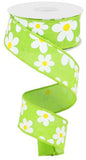 1.5"X10yd Flower Daisy Bold Print On Royal, Lime Green/White/Yellow - KRINGLE DESIGNS