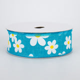 1.5"x10yd Flower Daisy Bold Print On Royal Burlap, Turquoise/White/Yellow  MA7