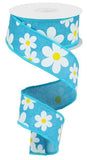 1.5"X10yd Flower Daisy Bold Print On Royal, Turquoise/White/Yellow - KRINGLE DESIGNS