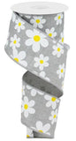 2.5"x10yd Flower Daisy Bold Print On Royal Burlap, Light Grey/White/Yellow  1A