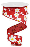 1.5"X10yd Flower Daisy Bold Print On Royal, Red/White/Yellow - KRINGLE DESIGNS