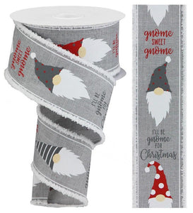 2.5"x10yd Christmas Gnome Head On Royal Burlap w/Snowdrift, Light Grey/Red/White  B200