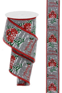 2.5"x10yd Christmas Barn w/Stitch On Royal Burlap, Grey/Red/White/Green  FB12