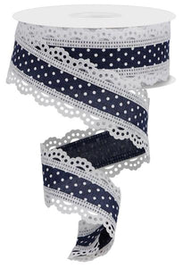 1.5"x10yd Raised Swiss Dots On Royal Burlap w/Lace, Navy Blue/White  MY45