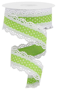 1.5"x10yd Raised Swiss Dots On Royal Burlap w/Lace, Lime Green/White  MY59