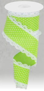 2.5"x10yd Raised Swiss Dots On Royal Burlap w/Lace, Lime Green/White  MY53