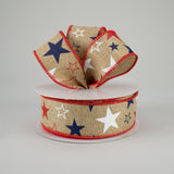 1.5"x10yd Stars Print On Royal Burlap, Light Beige/Red/White/Blue  MC6