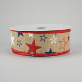 1.5"x10yd Stars Print On Royal Burlap, Light Beige/Red/White/Blue  MC6