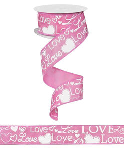 1.5"X10yd Love Font W/Hearts, Pink/White - KRINGLE DESIGNS