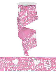 2.5"X10yd Love Font W/Hearts, Pink/White