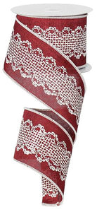 2.5"X10yd Crochet Lace Print On Royal, Burgundy/Cream - KRINGLE DESIGNS
